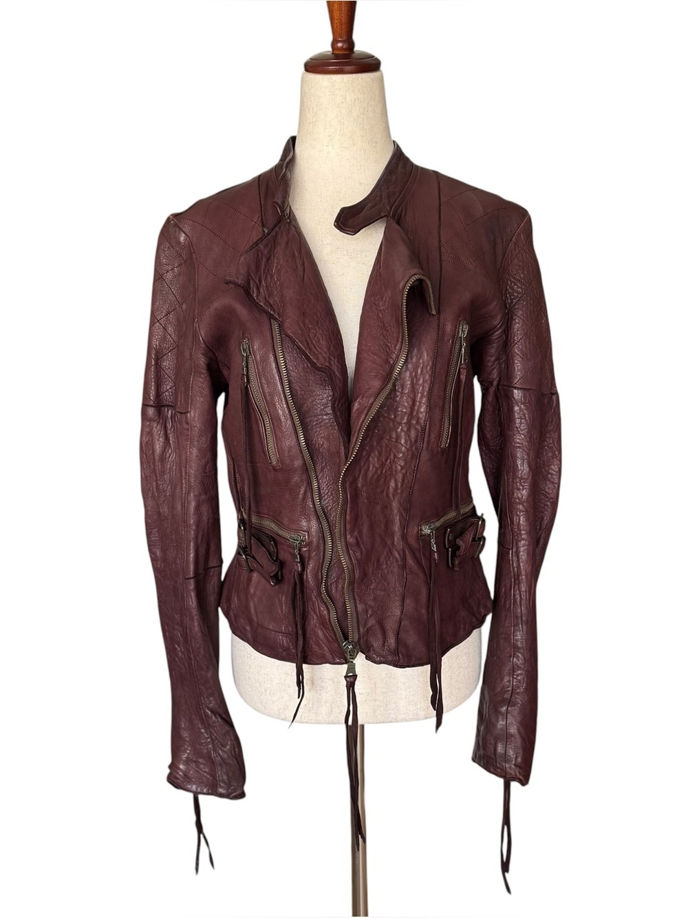 Vintage y2k Christian Peau Burgundy Goat Leather Moto Jacket sz 38 - Picture 12 of 16